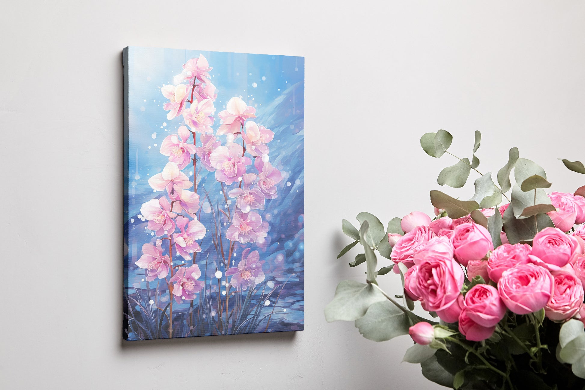 Framed canvas print of serene pink orchids with reflective water in an illustrative style