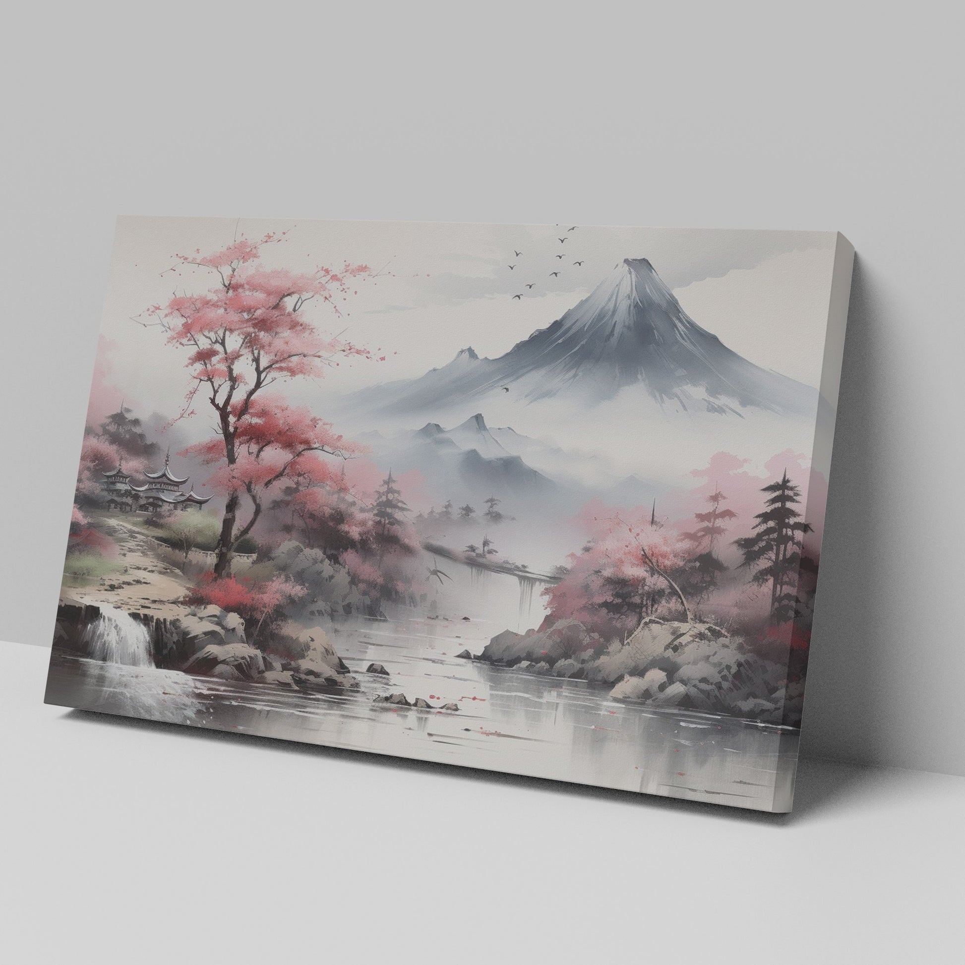 Framed canvas print of Asian landscape with cherry blossoms and misty mountain scenery