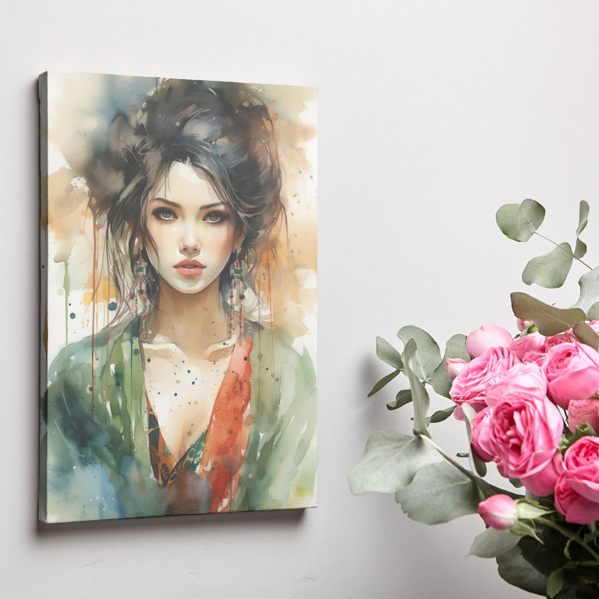 Framed canvas print of a watercolour portrait of a female with abstract elements