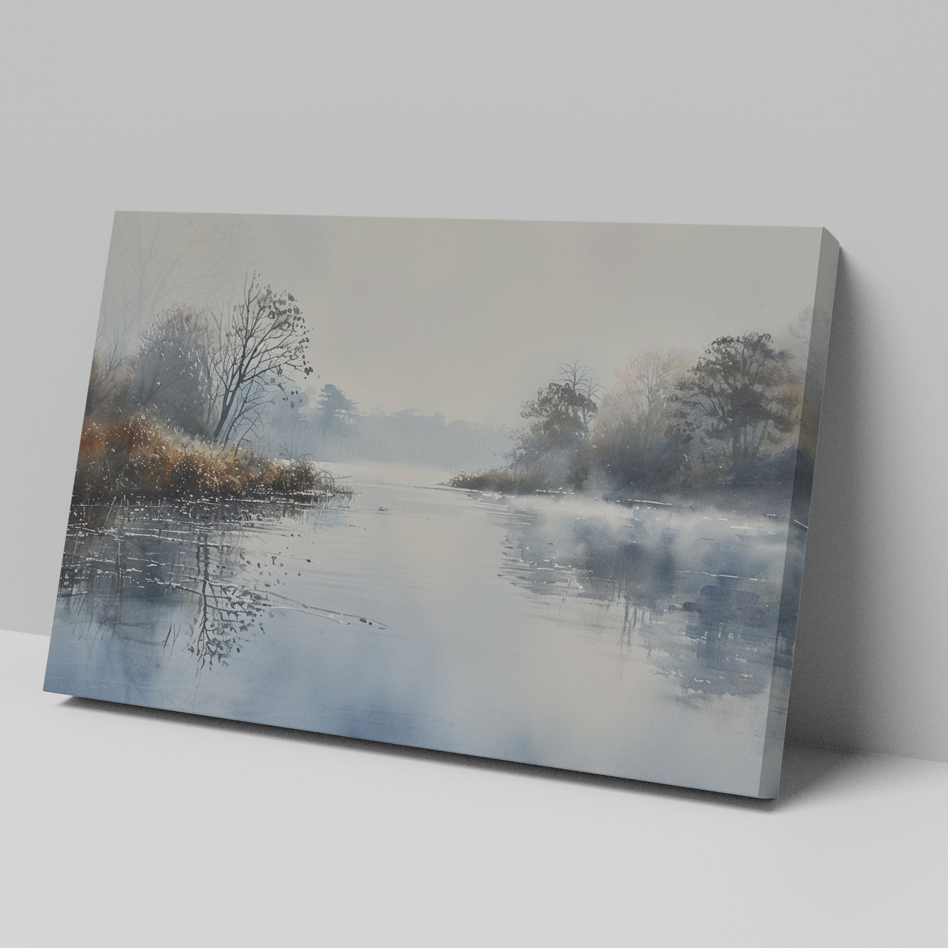 Framed canvas print of a misty river landscape with water reflections in cool tones