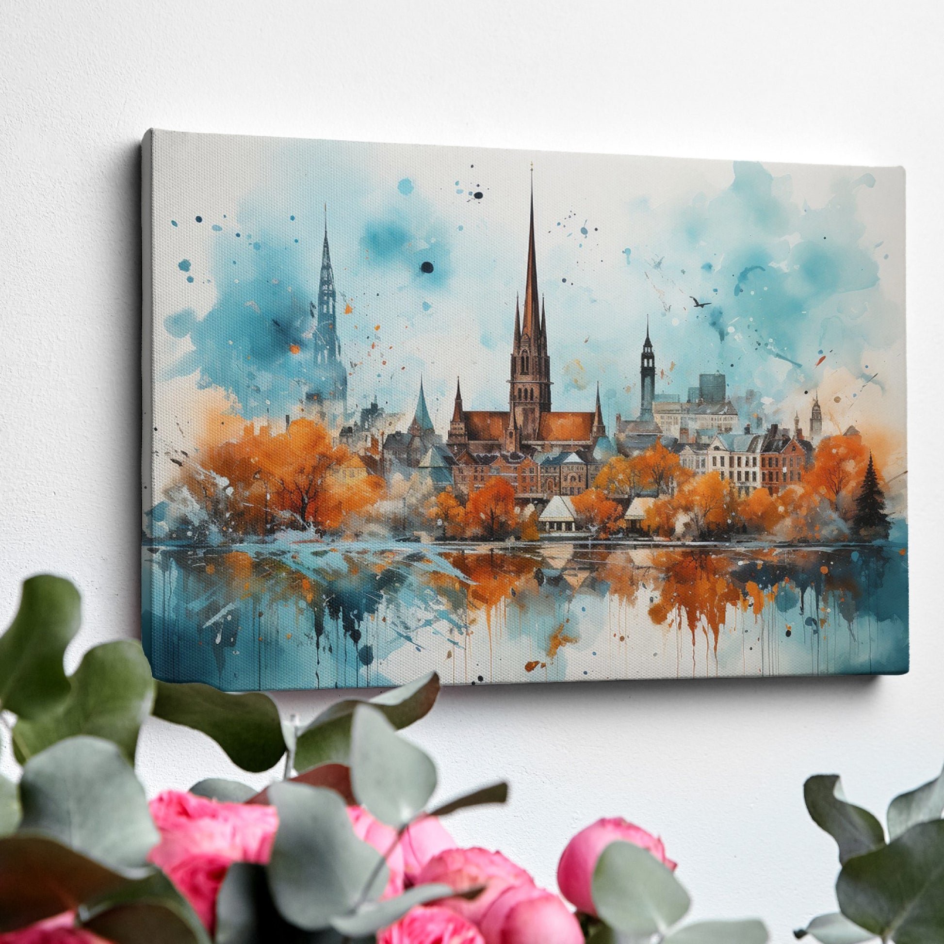 Framed canvas print of impressionist watercolor cityscape with autumn colors and urban reflection