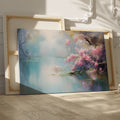 Framed canvas print of a tranquil lakeside scene with cherry blossoms and misty atmosphere