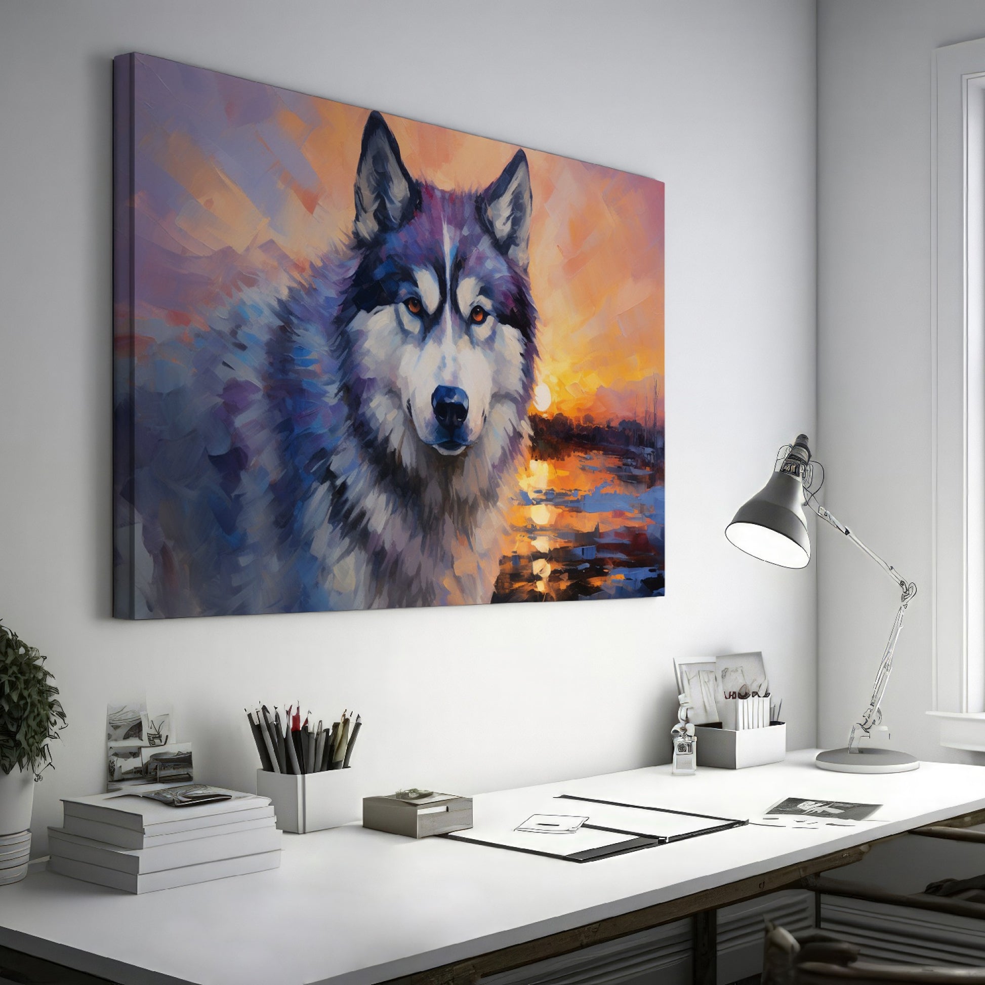 Framed canvas print of an impressionistic Siberian Husky with a vibrant sunset