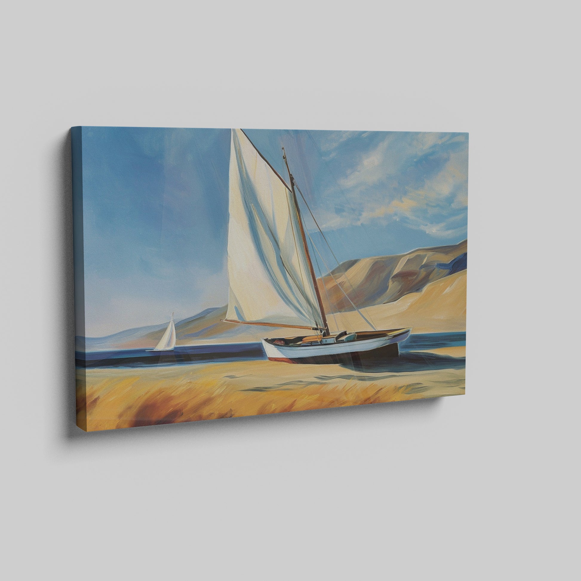 Framed canvas print of sailing boats with white sails against a backdrop of blue skies and dunes