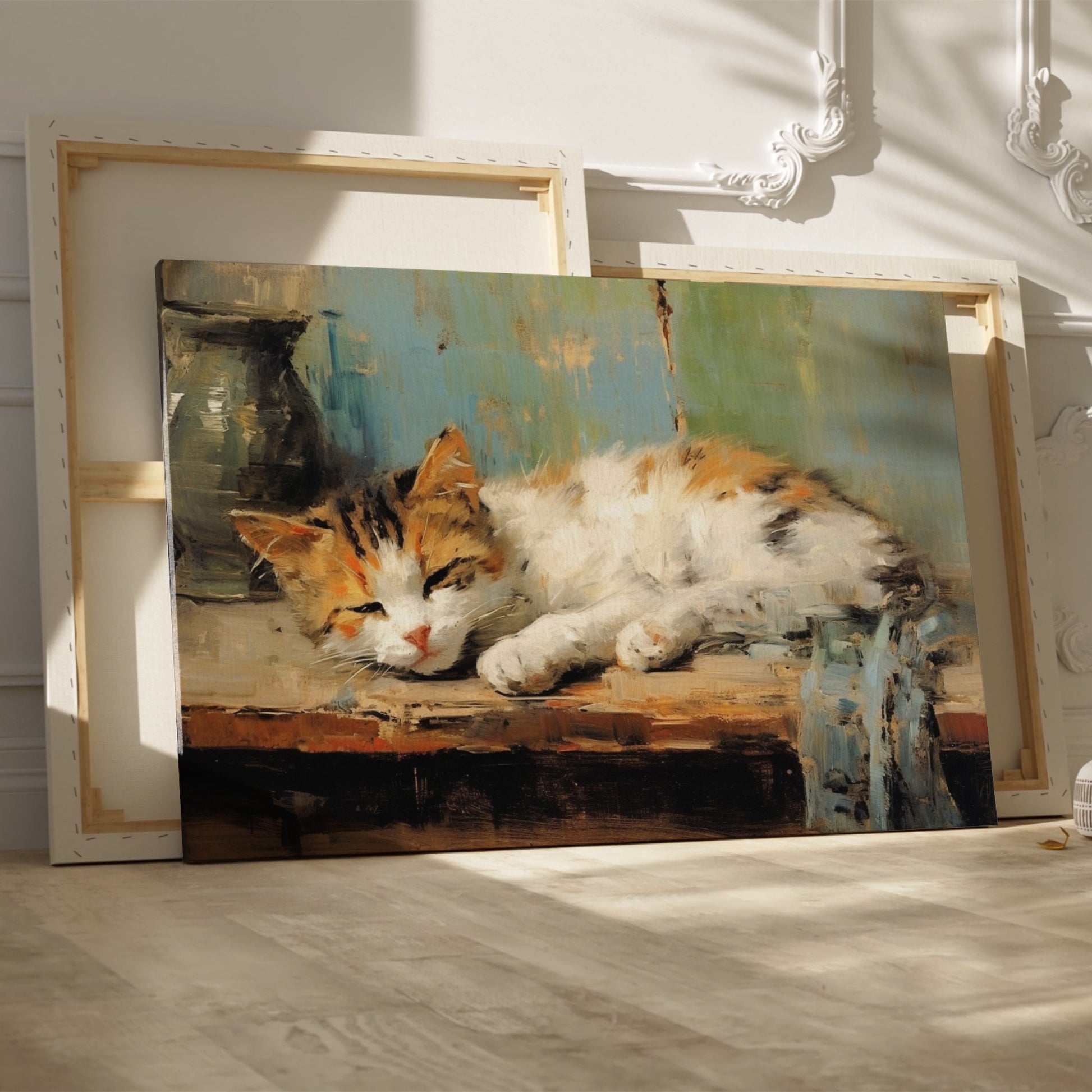 Framed canvas print of a peaceful sleeping cat in warm tones with painterly strokes