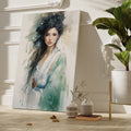 Framed canvas print of an ethereal watercolour portrait of a graceful lady with abstract elements