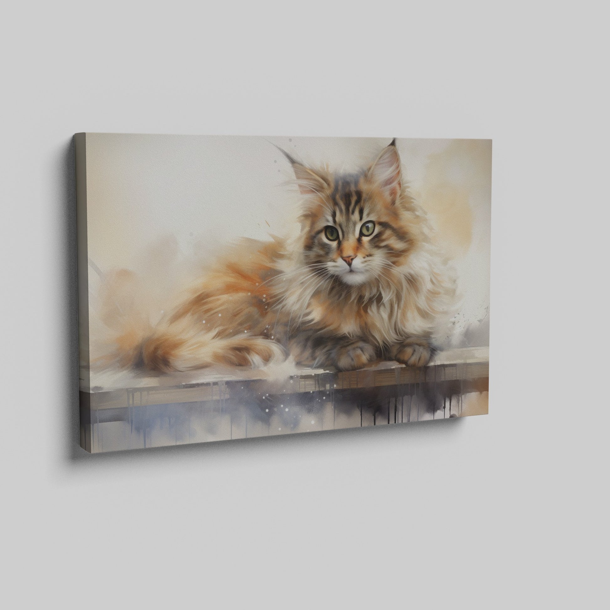 Framed canvas print of a long-haired cat with a watercolor effect in warm tones