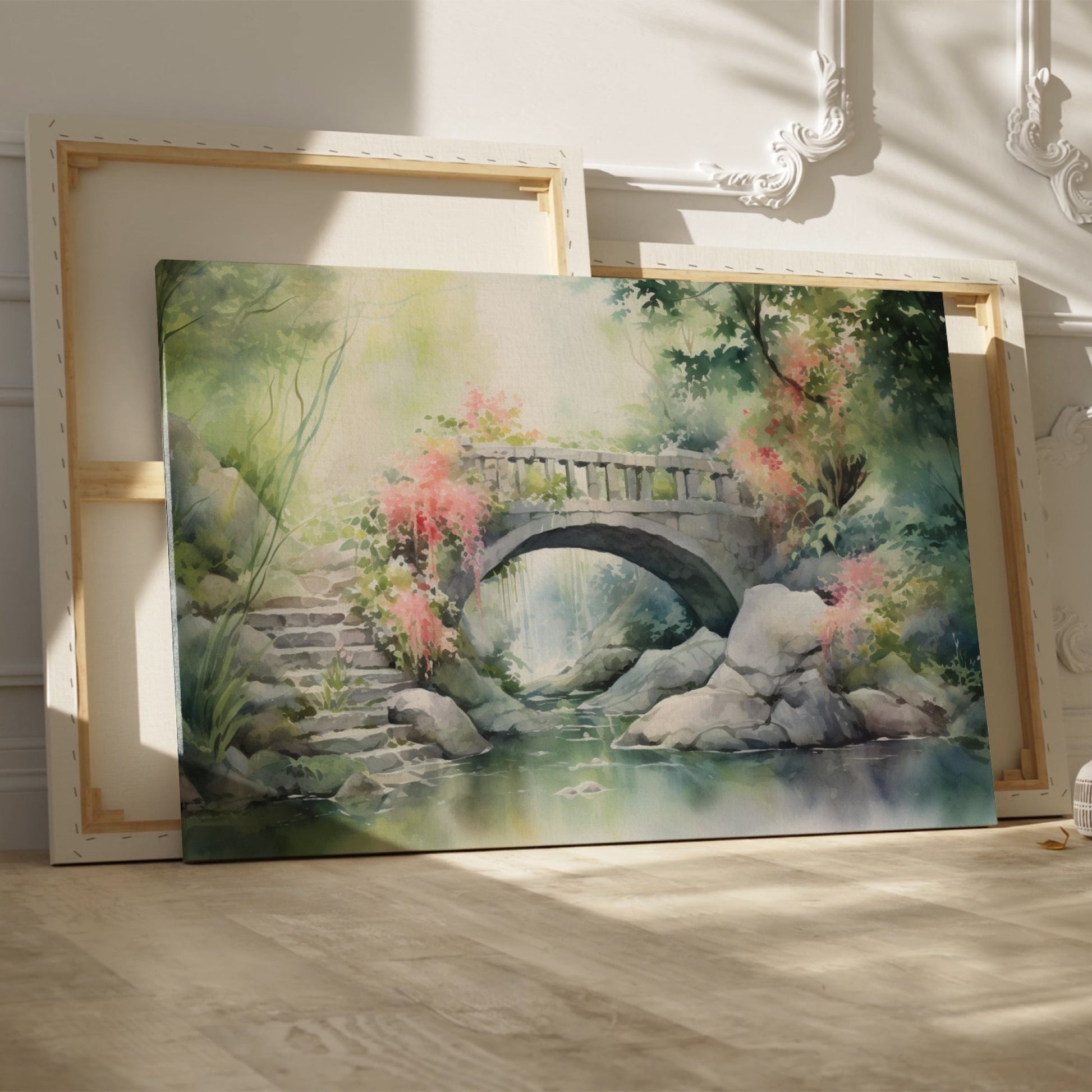 Framed canvas print of a serene stone bridge over a stream in a misty garden with lush greenery and flowering plants