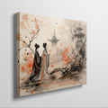 Framed canvas print of an oriental ink painting depicting two figures in traditional attire with an autumnal landscape and pagoda