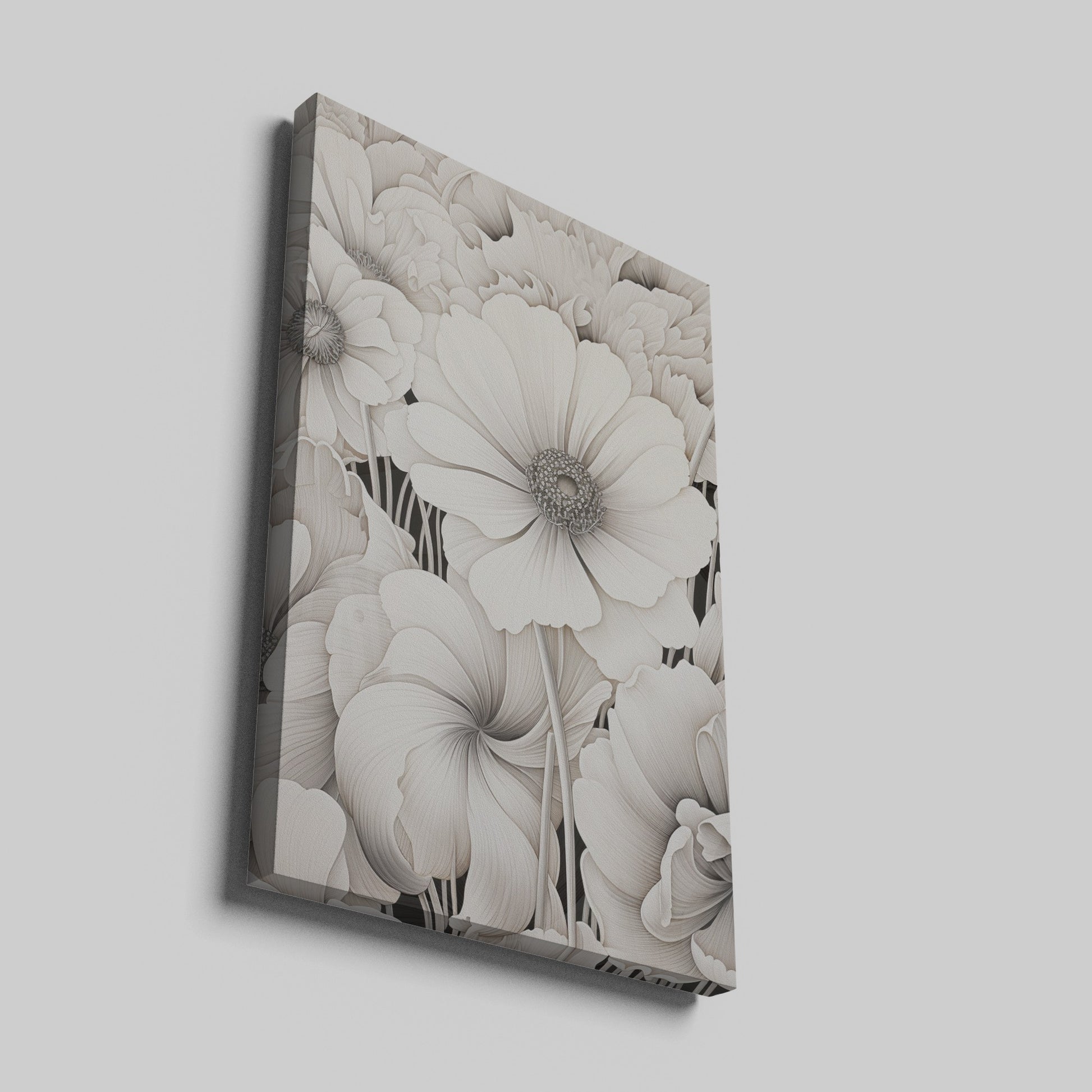 Framed canvas print of monochromatic flowers with intricate designs and neutral tones