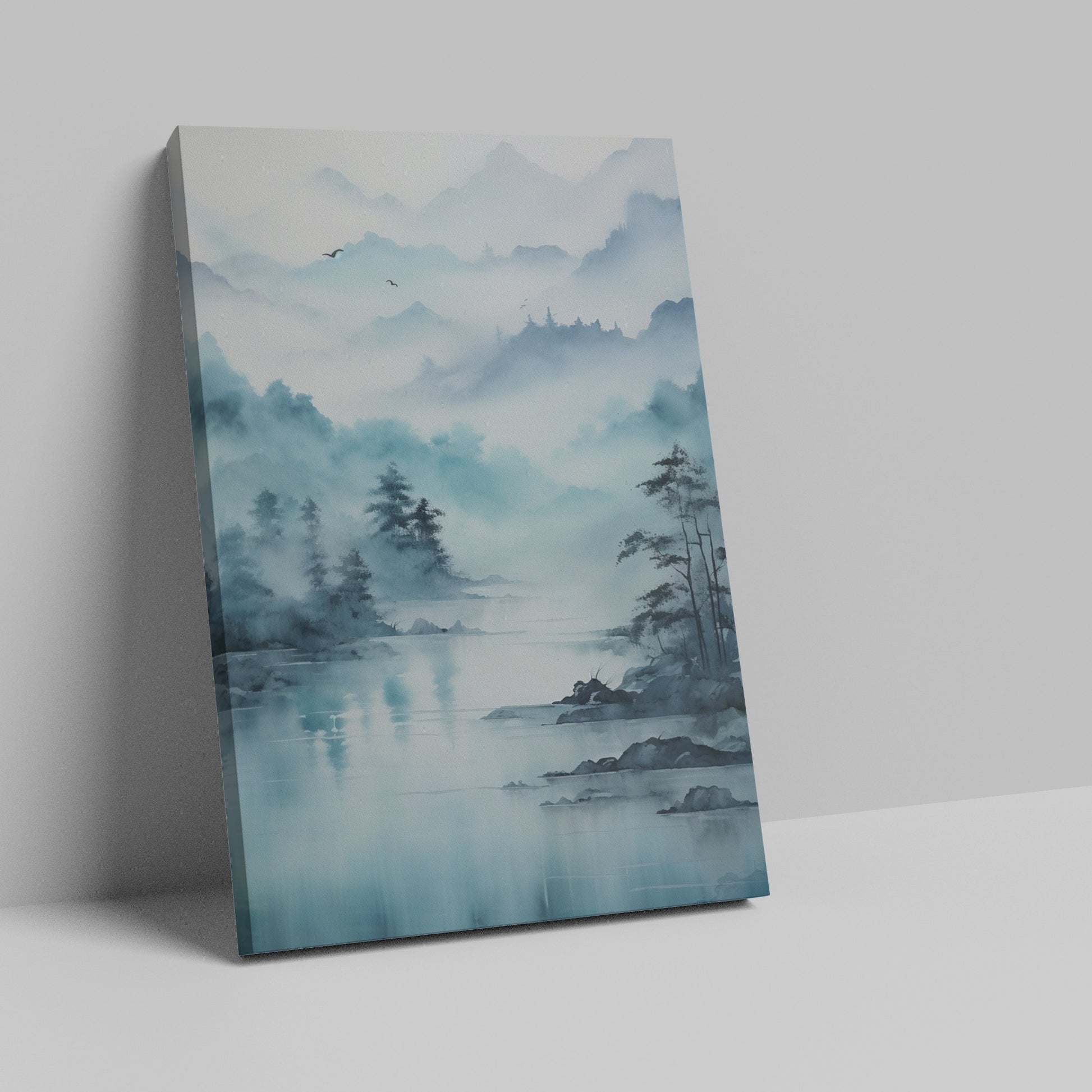 Framed canvas print of a tranquil watercolour landscape with misty blue mountains and serene lake