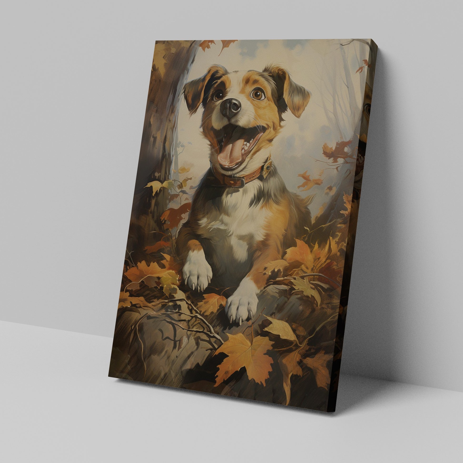 Framed canvas print of a cheerful dog surrounded by autumn leaves in a woodland setting