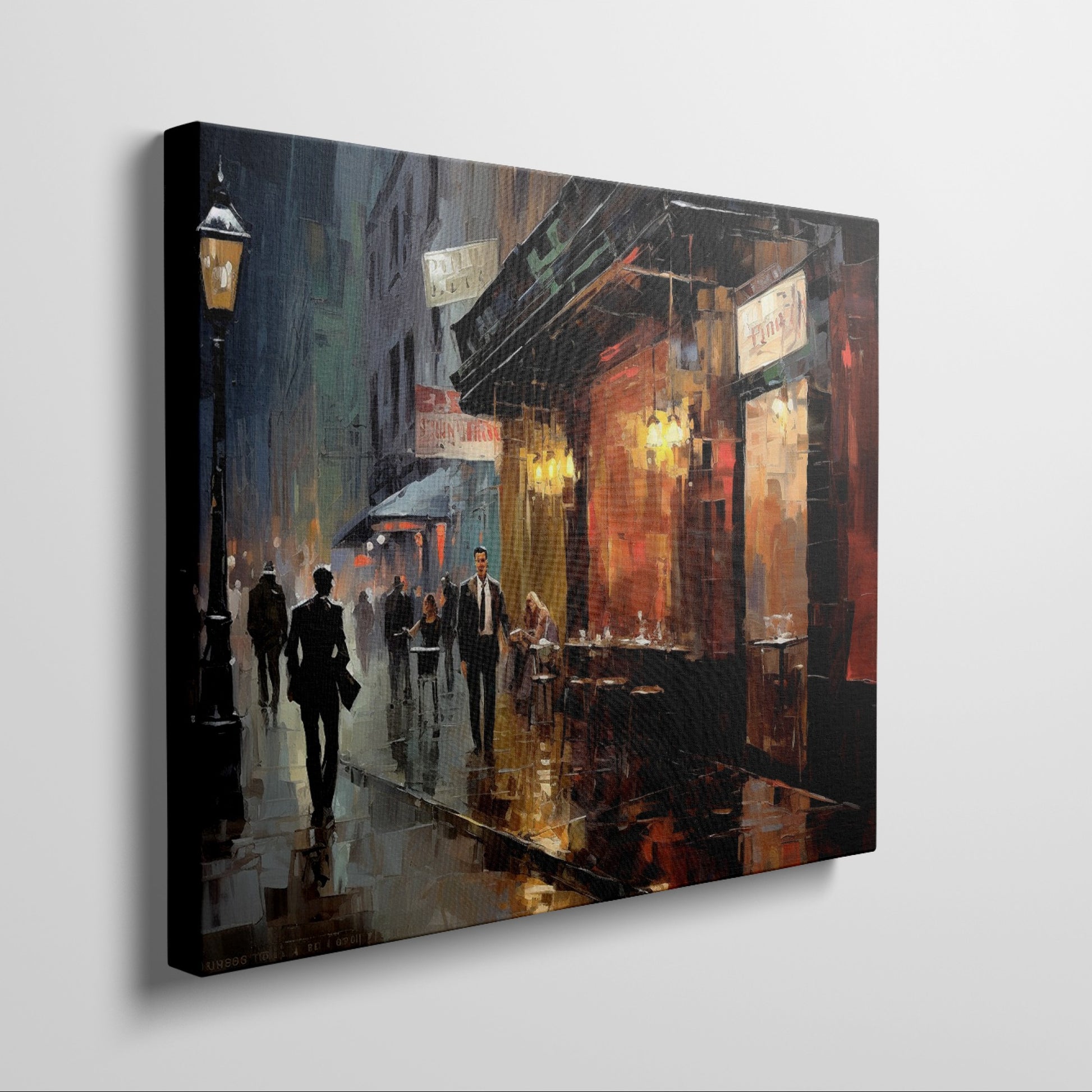 Framed canvas print of a rainy evening cityscape with warm glowing lights and reflections