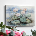 Framed canvas print of serene lotus pond with blooming flowers and gentle hues