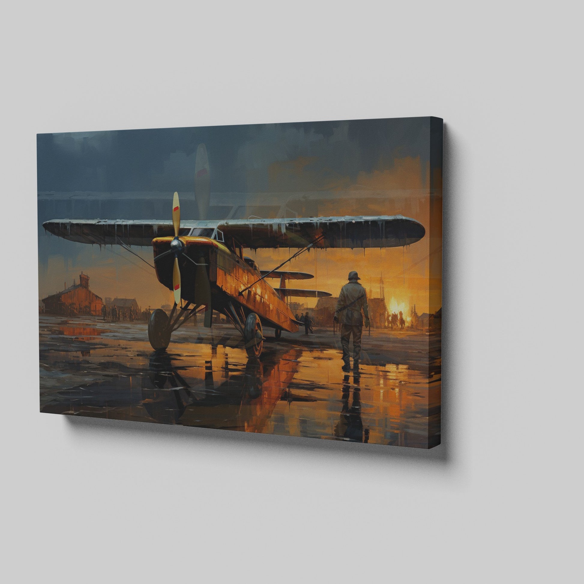 Framed canvas print of a vintage biplane on wet airfield at sunset with pilot walking