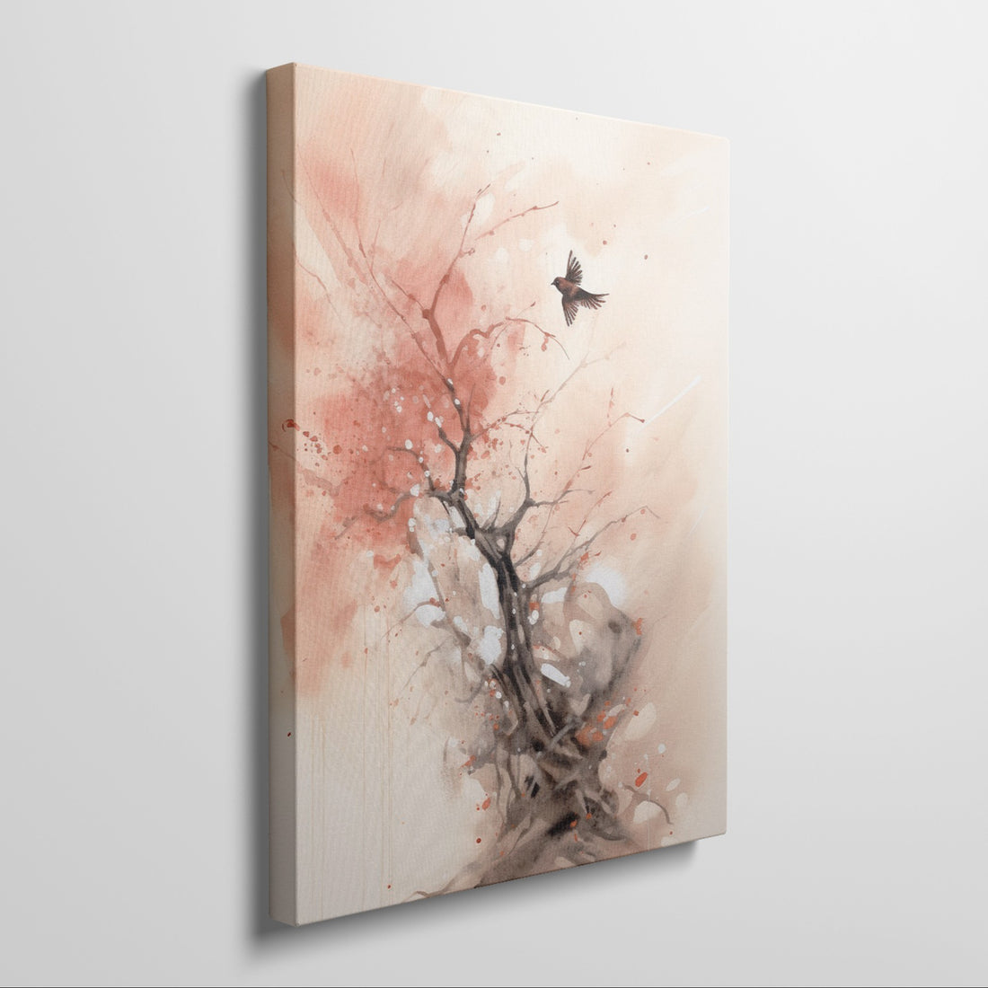 Abstract watercolor painting of a tree with red highlights and a bird in flight on a beige background