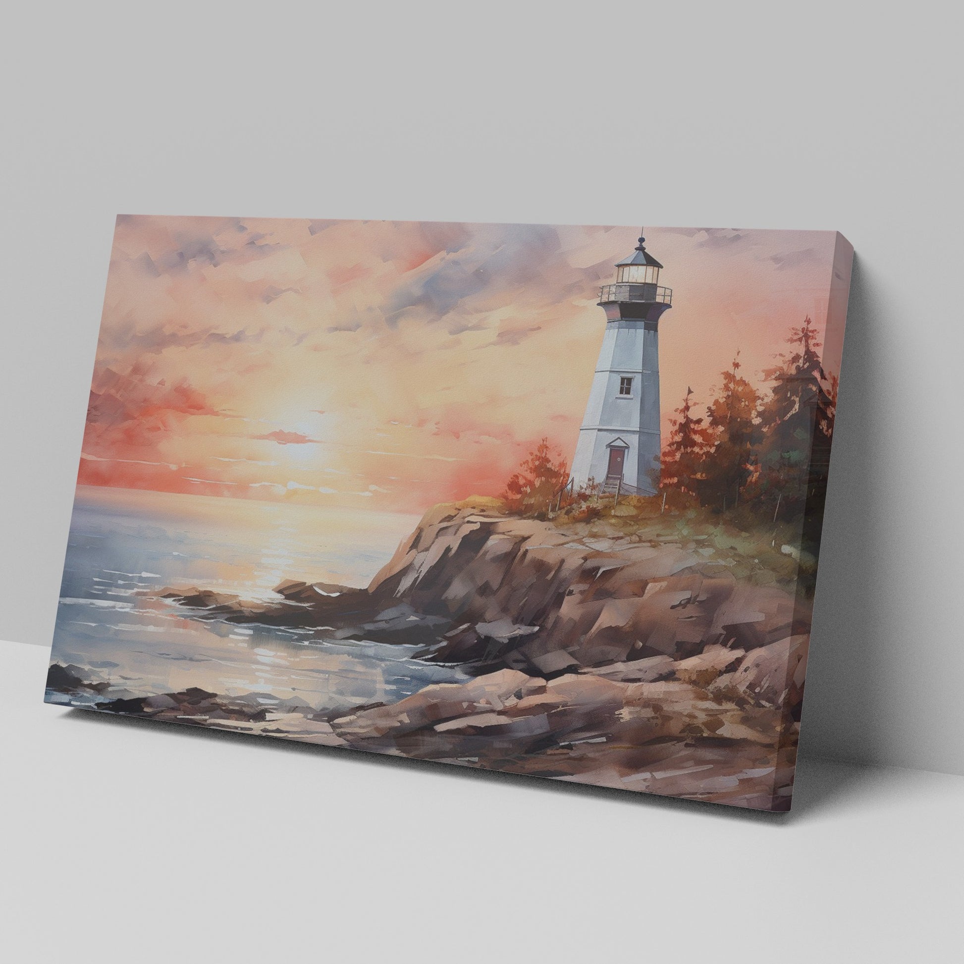 Framed canvas print of a watercolour lighthouse seascape at sunset with vibrant hues of pink, blue, and gold