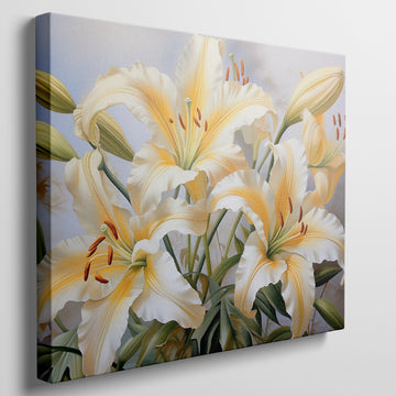 Framed canvas print of realistic sunlit yellow daylilies with lush green leaves