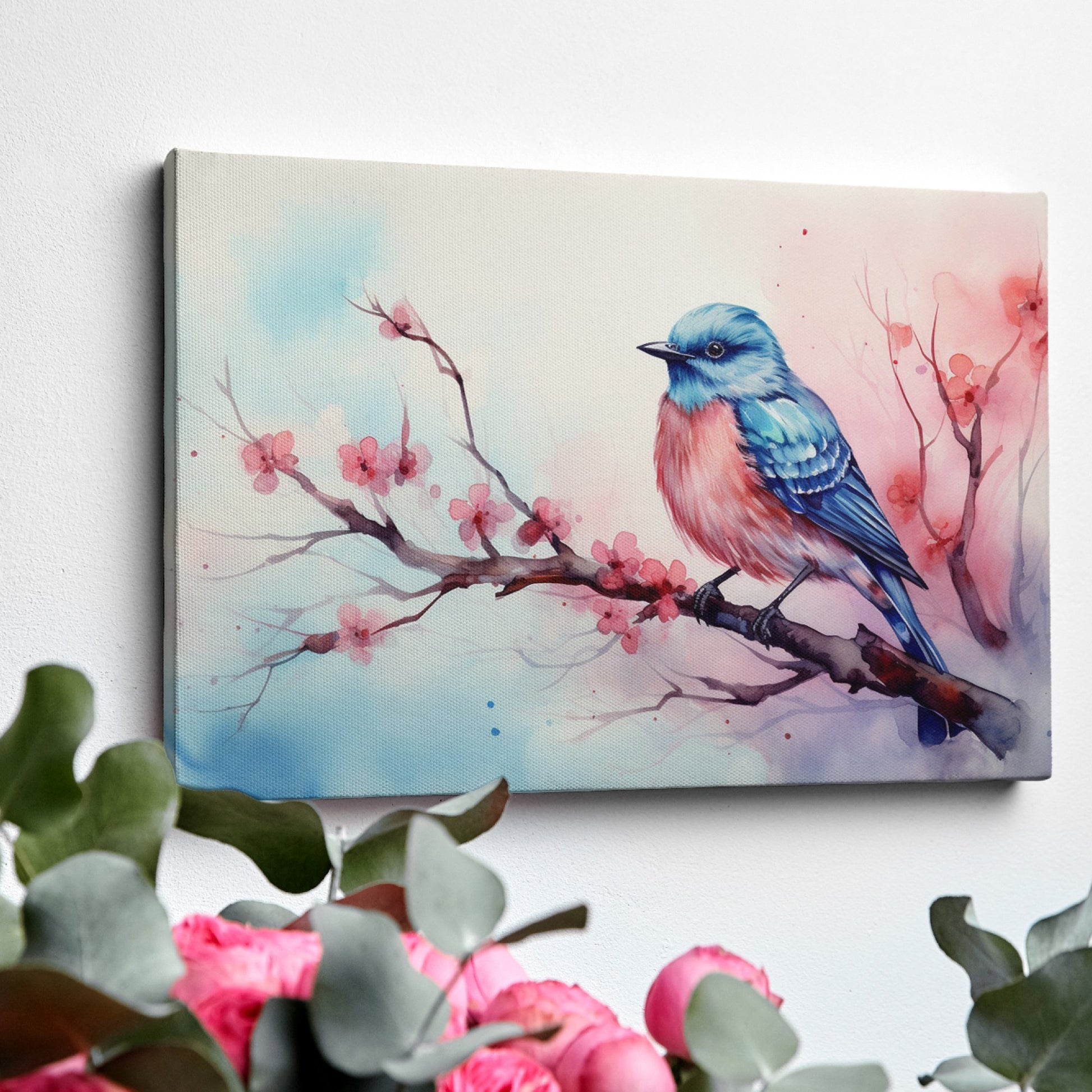 Framed canvas print of a vibrant bluebird on cherry blossom branch in watercolor