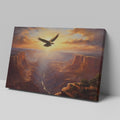 Framed canvas print of a majestic eagle flying over a grand canyon at sunrise with radiant warm colours