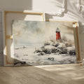 A red lighthouse on a snowy coastline with a figure at a distance and seagulls in the wintry sky.