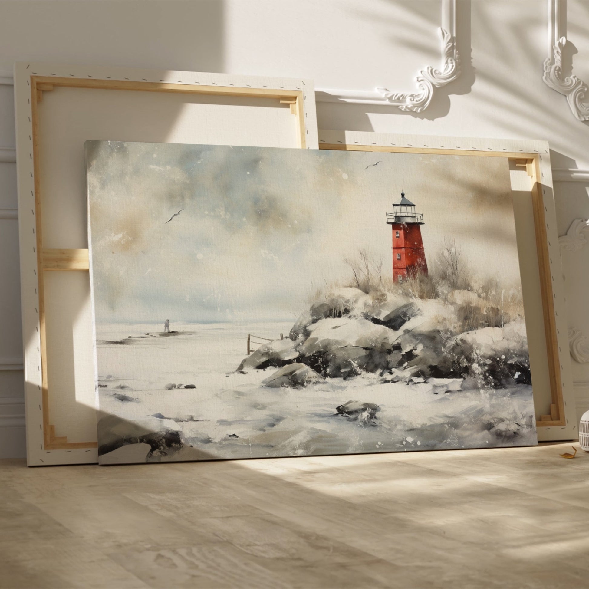 A red lighthouse on a snowy coastline with a figure at a distance and seagulls in the wintry sky.