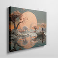 Framed canvas print of a surreal landscape with an ethereal sunset, lady in a boat, and reflective water