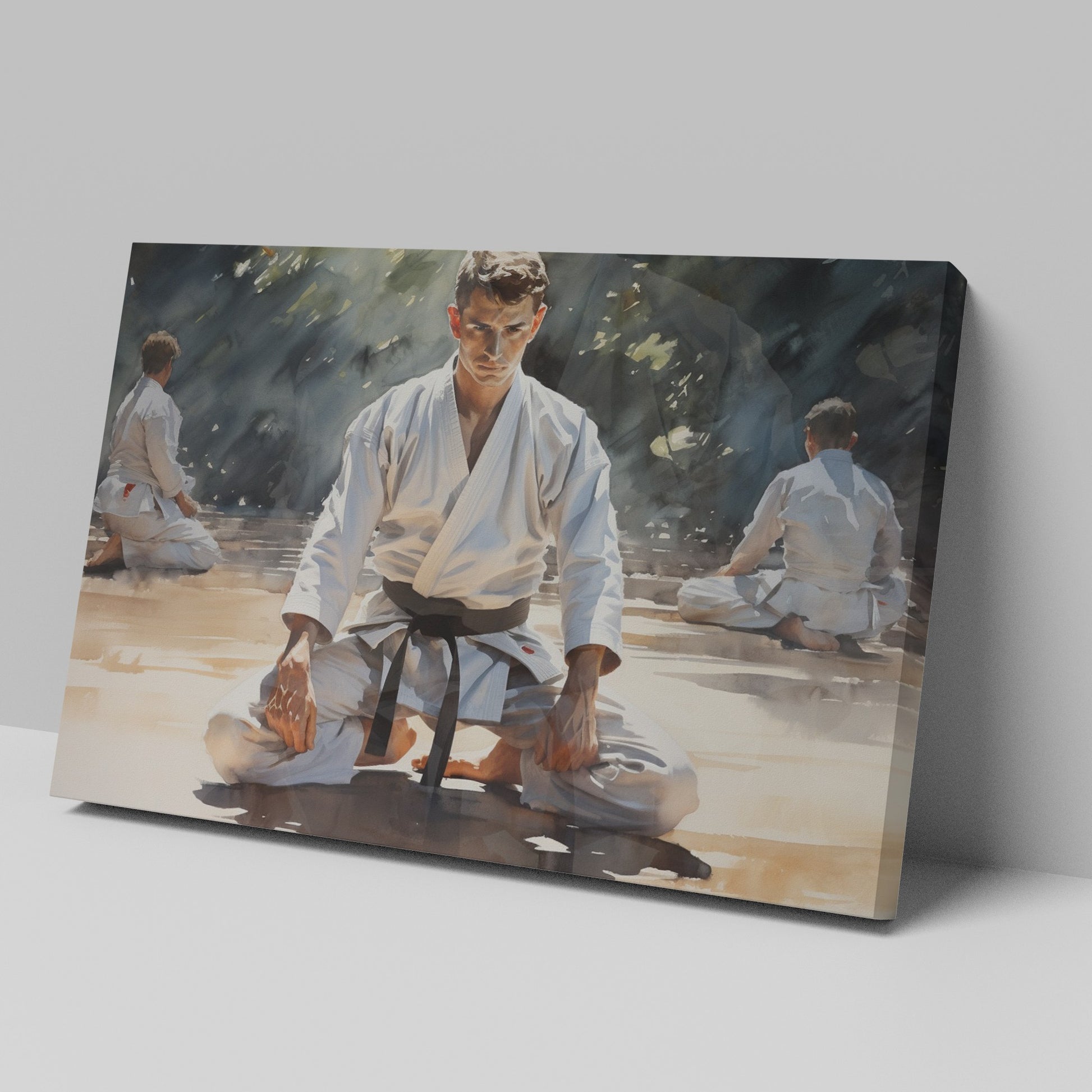 Framed canvas print of martial artists in meditation at a dojo