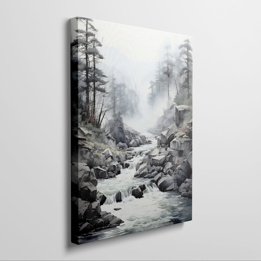 Framed canvas print of a tranquil mountain stream with misty forest backdrop