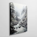 Framed canvas print of a tranquil mountain stream with misty forest backdrop