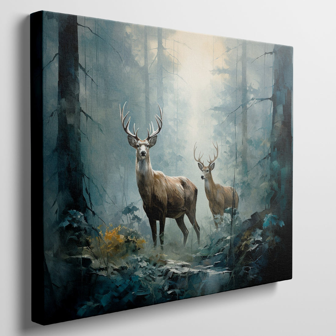 Framed canvas print of two stags in a sunlit, enchanted forest