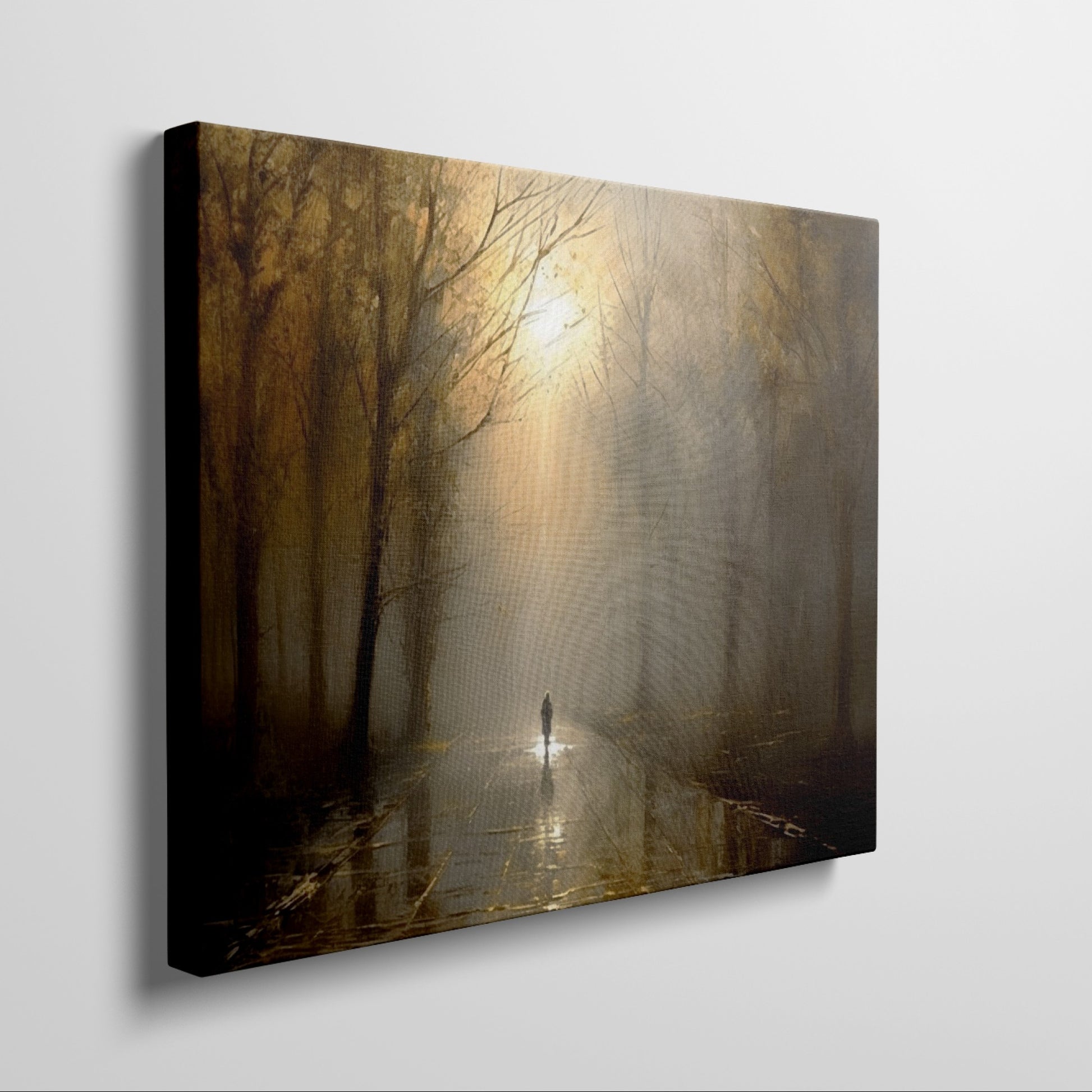 Framed canvas print of a mystical autumn forest with a lone wanderer on a sunlit path