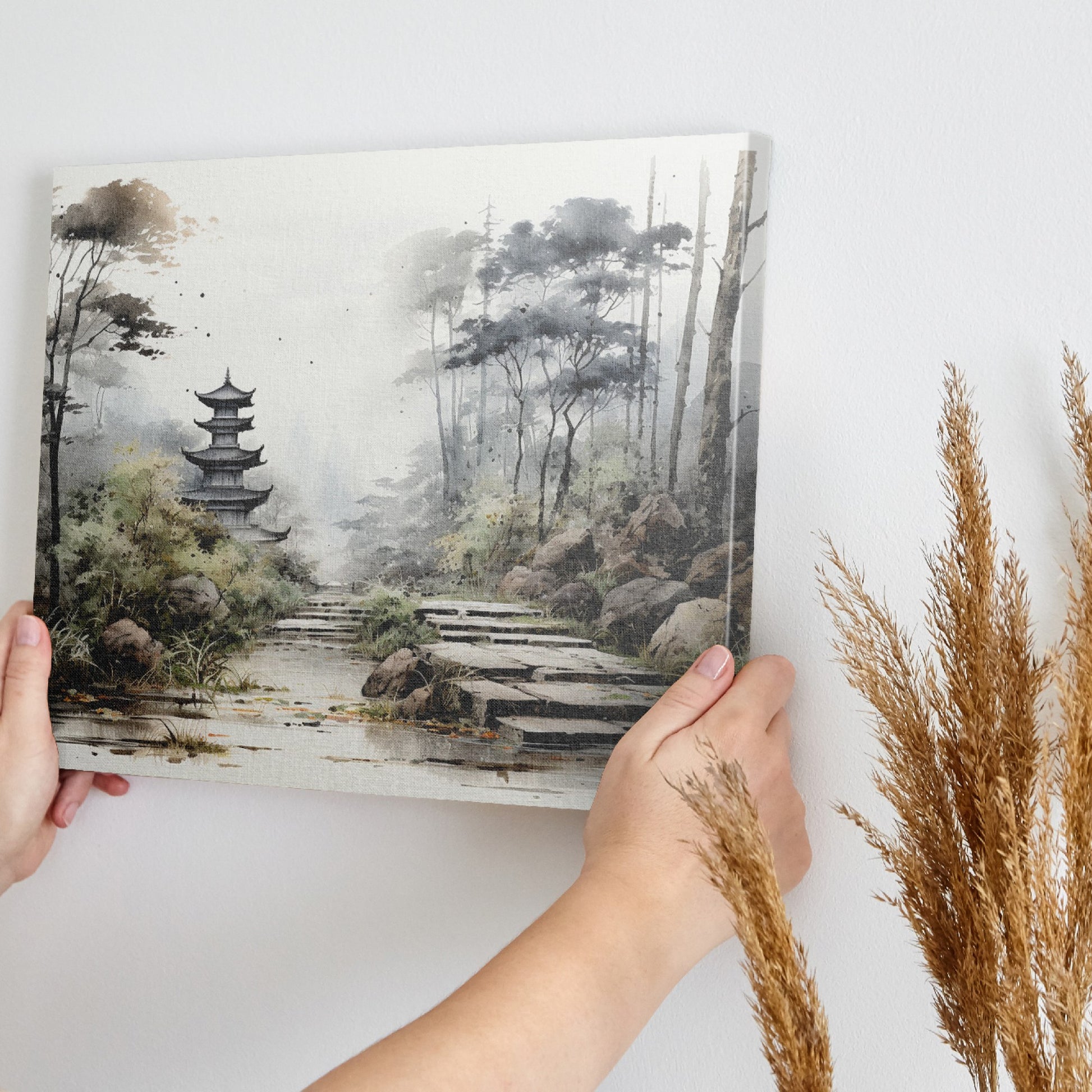 Framed canvas print of a misty oriental landscape with a pagoda and stone path