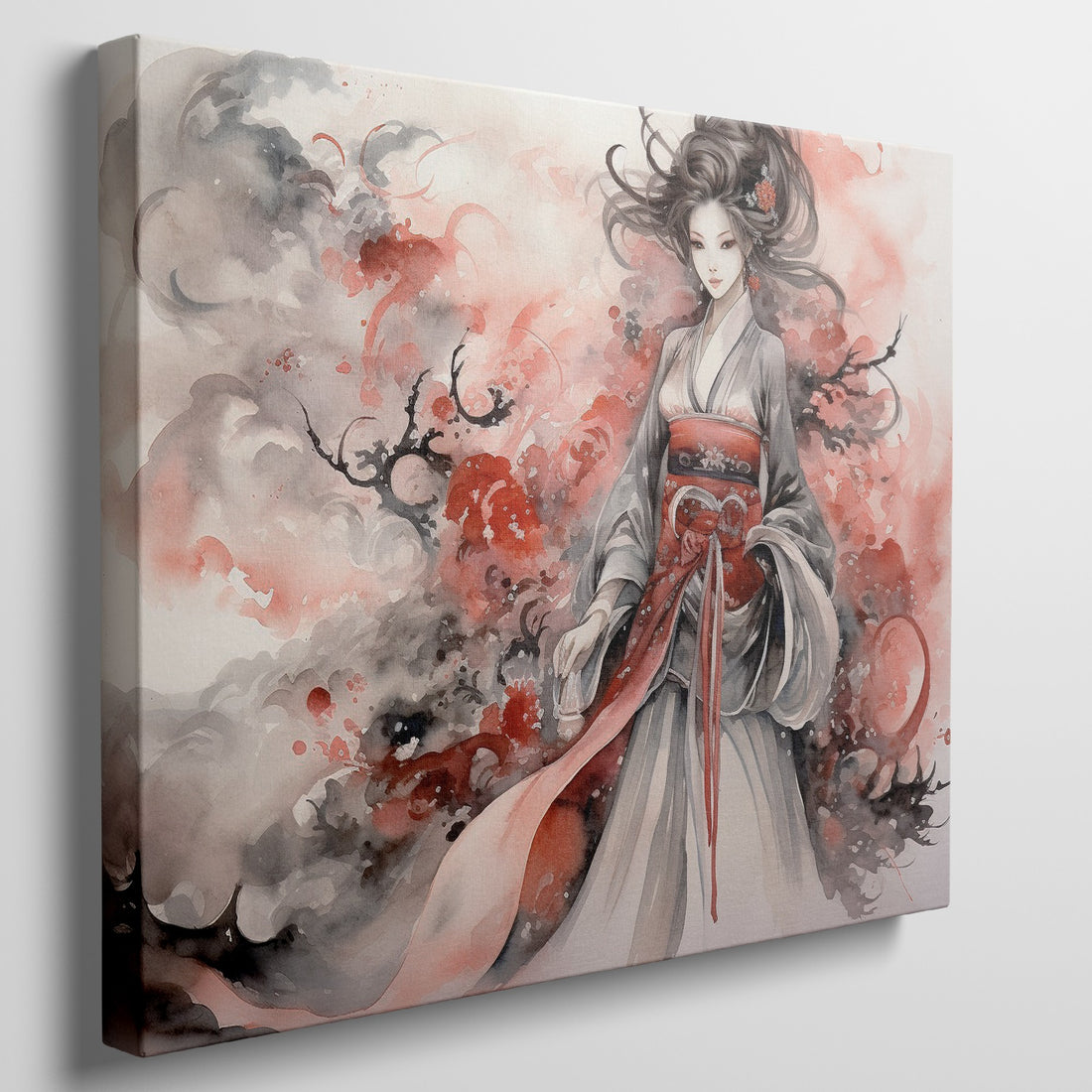 Framed canvas print of a traditional Japanese woman in ethereal watercolour style