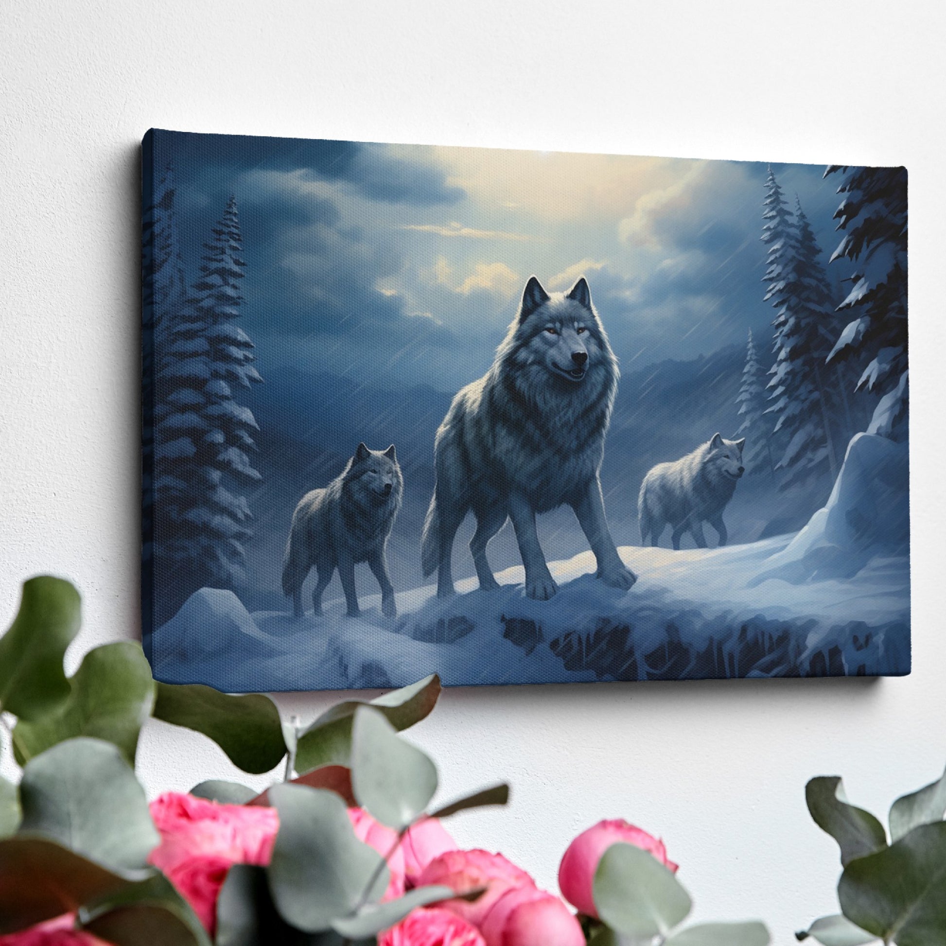 Framed canvas print of a wolf pack under a moonlit sky in a snowy forest