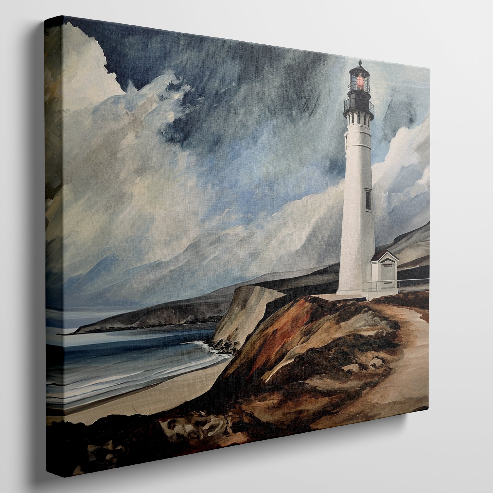 Framed canvas print of a lighthouse by the ocean with dramatic clouds and coastal cliffs