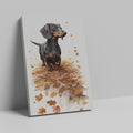 Framed canvas print of a realistic Dachshund standing amidst autumn leaves in warm brown and amber tones