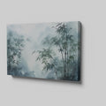 Framed canvas print of misty bamboo grove with mountains in the background