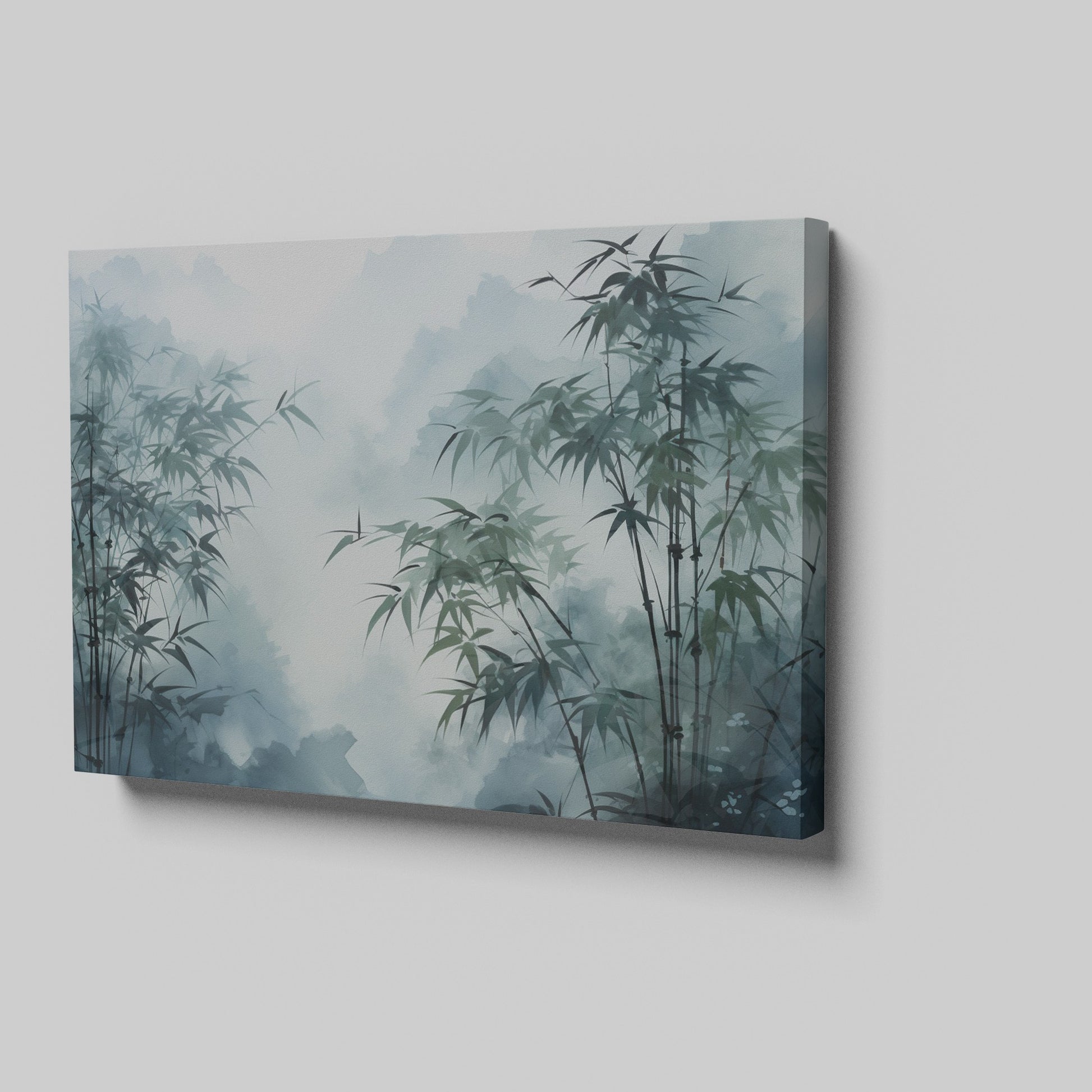 Framed canvas print of misty bamboo grove with mountains in the background