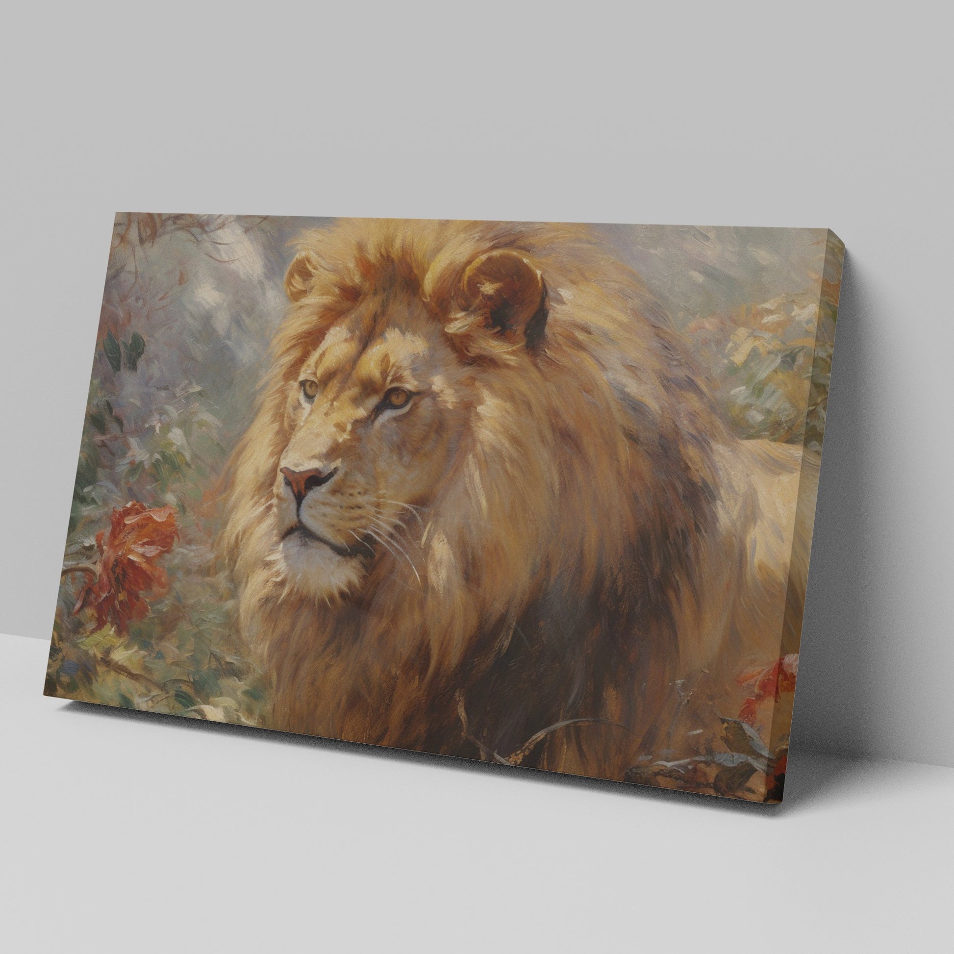 Framed canvas print of a realistic lion showcasing golden and warm earth tones, with detailed brushwork and a serene expression.