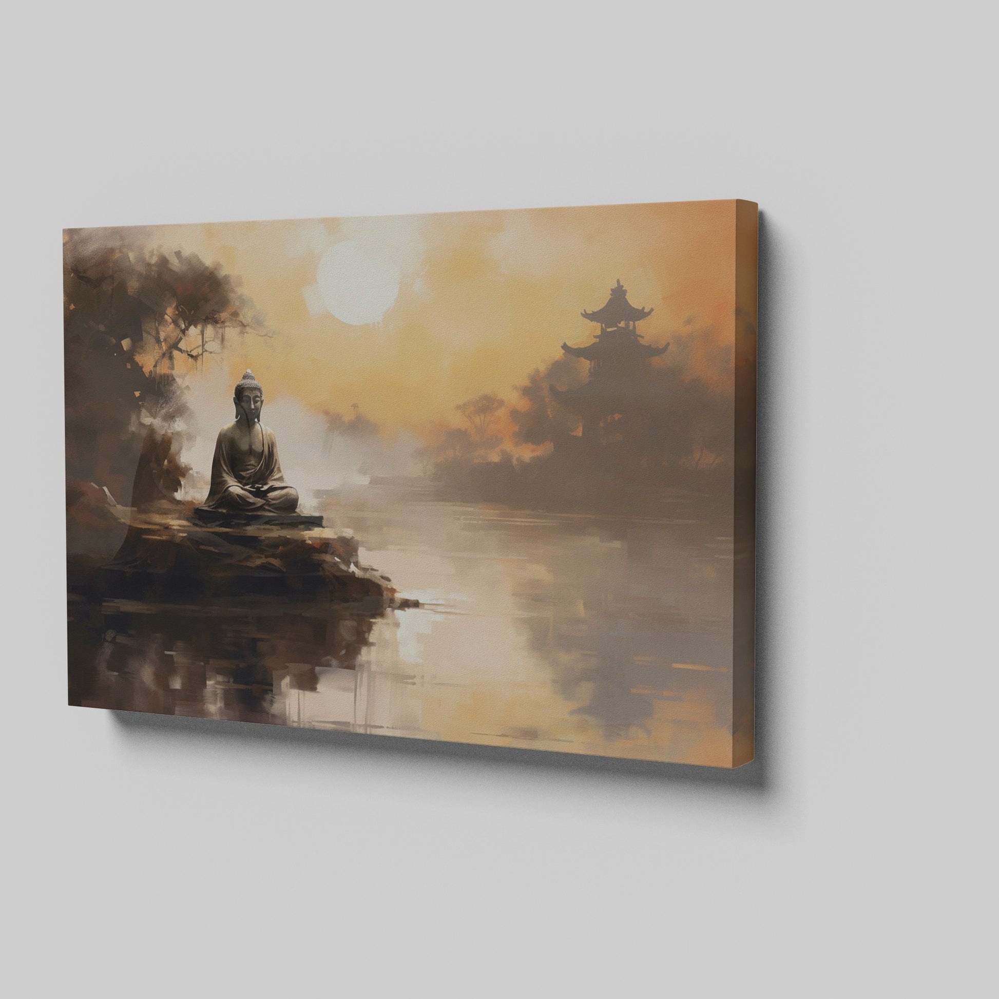 Framed canvas print of a serene Buddha statue at sunset with oriental temple and reflective water