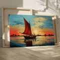 Impressionist style painting of a sailboat with a red sail on calm waters at sunset with vibrant blue and orange sky