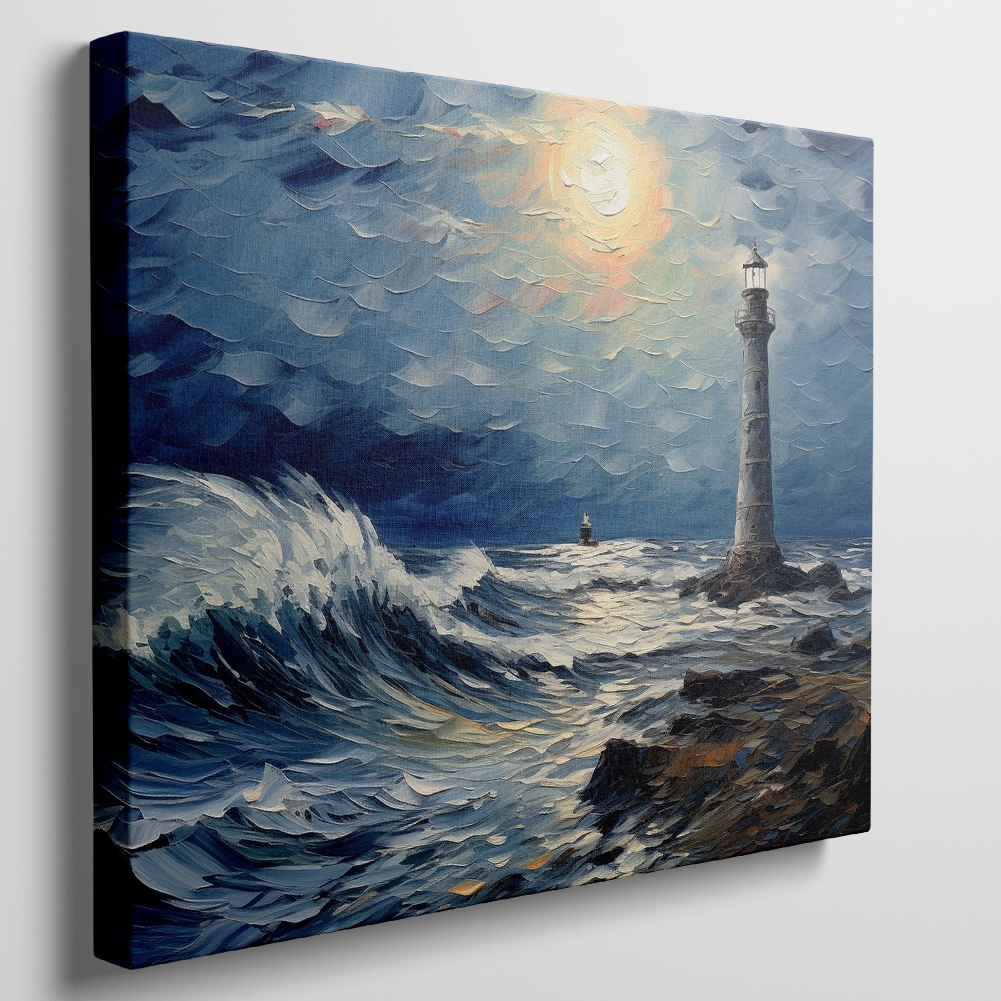 Framed canvas print of a vibrant impasto painting featuring a lighthouse at sunset with dynamic ocean waves