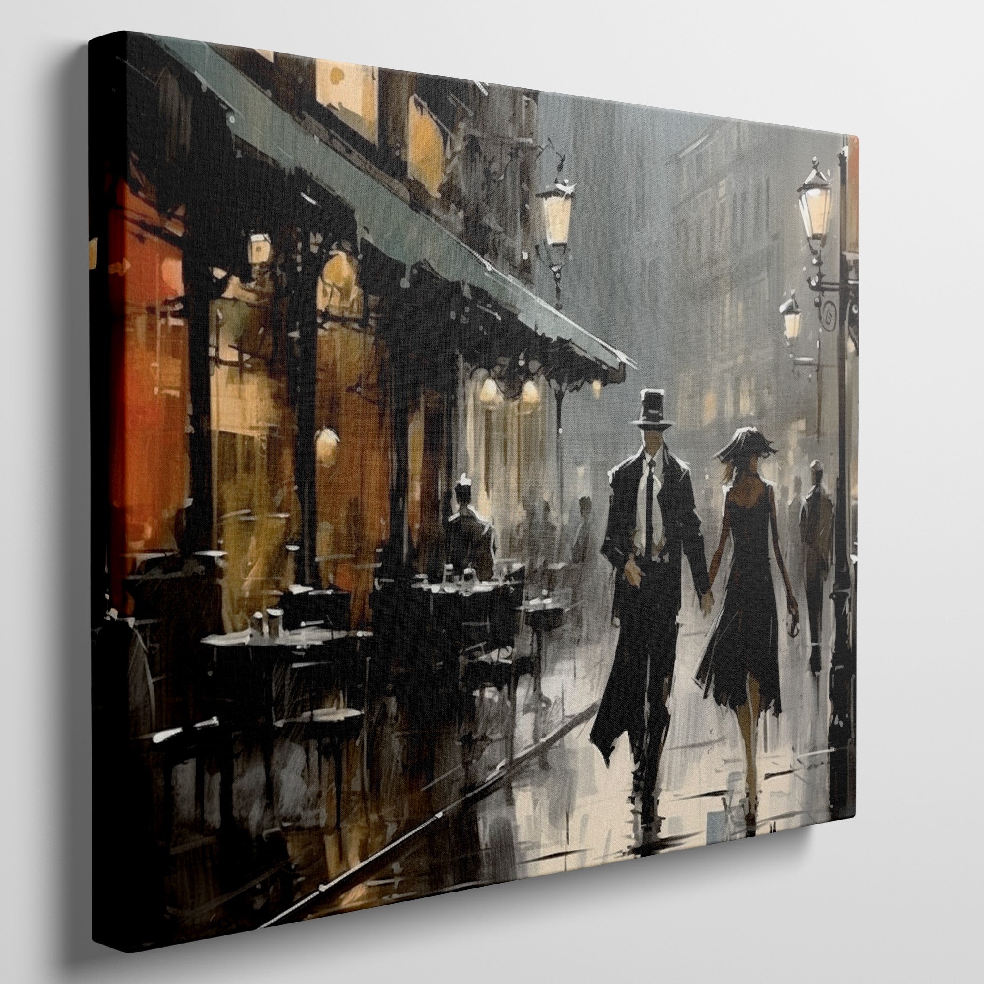 Framed canvas print of a romantic couple on a rainy evening stroll in a vintage style cityscape