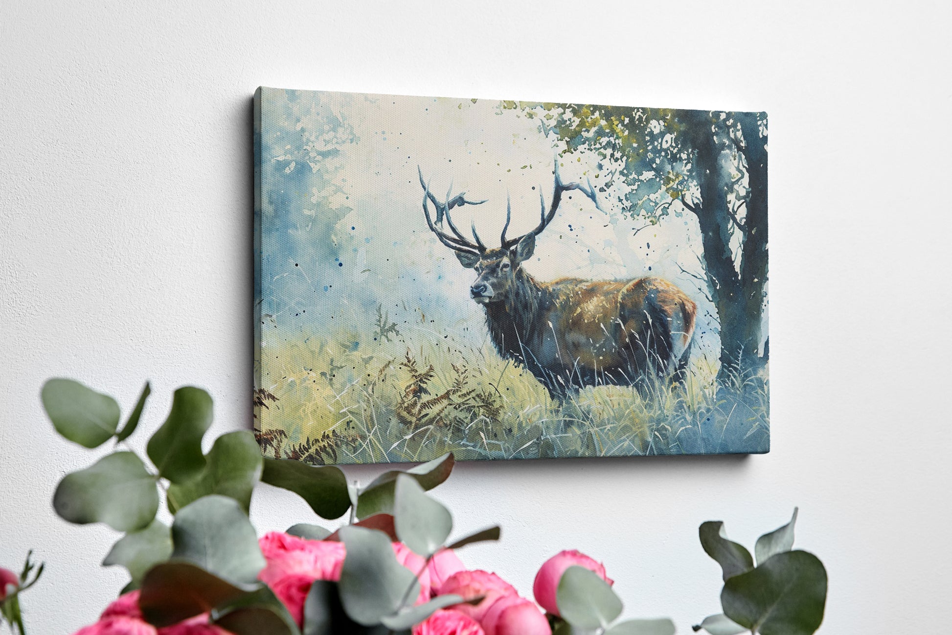 Framed canvas print of a watercolour stag in a serene woodland setting