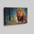 Framed canvas print of an abstract geometric lion in a vibrant autumn forest