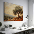 Framed canvas print of a stylised olive tree in a rustic Mediterranean landscape with warm terracotta and olive green tones