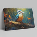 Framed canvas print featuring a vibrant digital art depiction of a kingfisher with autumnal elements