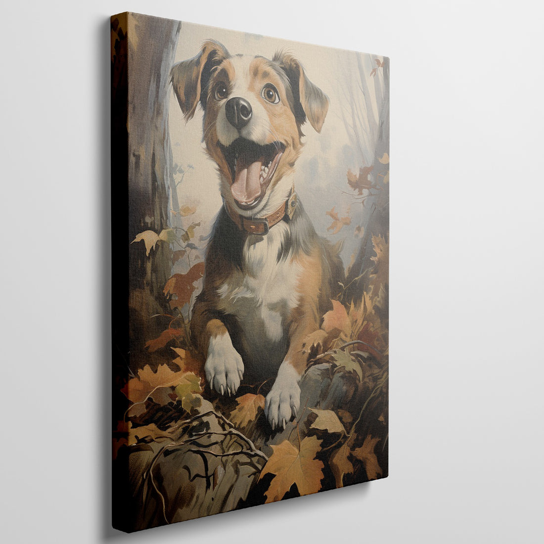 Framed canvas print of a cheerful dog surrounded by autumn leaves in a woodland setting