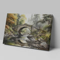 Framed canvas print of a tranquil autumnal scene featuring a rustic stone bridge over a serene river with lush forest in the background